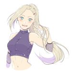  1girl blonde_hair blush breasts earrings fishnets hair_over_one_eye highres jewelry long_hair looking_at_viewer midriff naruto naruto_(series) navel ninja open_mouth ponytail sleeveless smile solo yamanaka_ino 