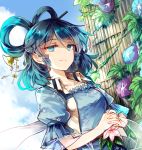  1girl belt blue_dress blue_eyes blue_flower blue_hair blue_sky breasts collarbone day dress drill_hair drill_locks dutch_angle eyebrows_visible_through_hair flower hair_between_eyes hair_ornament hair_rings hair_stick kaku_seiga kutsuki_kai leaf looking_at_viewer medium_breasts outdoors own_hands_together pink_flower puffy_short_sleeves puffy_sleeves purple_flower shawl short_hair short_sleeves sky smile solo touhou upper_body vest white_vest wing_collar 