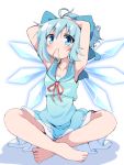  1girl absurdres adapted_costume arms_up barefoot blue_bow blue_eyes blue_hair bow cirno collarbone do_(4-rt) dress eyebrows_visible_through_hair eyes_visible_through_hair full_body hair_bow hair_tie_in_mouth highres ice ice_wings legs_crossed looking_at_viewer mouth_hold sailor_dress short_hair simple_background sitting sleeveless sleeveless_dress solo touhou white_background wings 