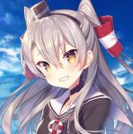  1girl amatsukaze_(kantai_collection) blue_sky brown_dress brown_eyes clouds dress grey_neckwear grin hair_tubes hat kantai_collection lifebuoy long_hair looking_at_viewer mini_hat neckerchief sailor_collar sailor_dress short_dress silver_hair sky smile solo tahya two_side_up upper_body white_sailor_collar windsock 