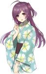  1girl ahoge aqua_kimono eyebrows_visible_through_hair floral_print hagikaze_(kantai_collection) highres japanese_clothes kantai_collection kimono long_hair looking_at_viewer obi one_side_up open_mouth print_kimono purple_hair sash simple_background smile solo white_background wide_sleeves yamashiki_(orca_buteo) yellow_eyes yukata 