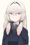  1girl an-94_(girls_frontline) blonde_hair blue_eyes commentary face_mask girls_frontline hair_ornament highres long_hair looking_at_viewer mask signature simple_background solo tosyeo upper_body 