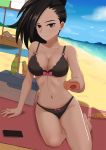  1girl beach bikini black_bikini black_eyes black_hair blue_sky boku_no_hero_academia bottle breasts cellphone cleavage clouds cooler day drink dutch_angle dylannn feet_out_of_frame highres large_breasts looking_at_viewer lotion outdoors phone ponytail sitting sky smartphone solo sunscreen swimsuit yaoyorozu_momo yokozuwari 