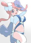  1girl ass bangs blue_gloves blush breasts brown_hair chorimokki fuuro_(pokemon) gloves hand_on_head large_breasts looking_at_viewer midriff navel open_clothes open_mouth pokemon pokemon_(game) pokemon_bw simple_background smile solo white_background 