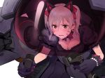  0910popo 1girl animal_ears black_cat_d.va black_gloves blush breasts breath brown_eyes cat_ears cleavage d.va_(overwatch) earrings facial_mark fake_animal_ears fang finger_on_trigger gloves grey_hair hair_ornament heart heart_earrings heavy_breathing highres jewelry large_breasts overwatch parted_lips riding short_twintails solo sweat twintails 