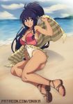  1girl absurdres antenna_hair armpits ass beach bikini_tan black_hair blue_eyes braid breasts cleavage commentary covered_navel dark_skin day english_commentary fire_emblem fire_emblem:_seima_no_kouseki fire_emblem_heroes full_body highleg highleg_swimsuit highres long_hair lying medium_breasts o-ring ocean on_side open_mouth patreon_username sandals side_braids smile solo spike_wible strap_gap swimsuit tan tana tanline toenail_polish toes towel twin_braids 