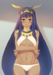  1girl animal_ears bikini blush commentary_request crossed_arms facial_mark fate/grand_order fate_(series) hairband hude-pen jackal_ears long_hair looking_at_viewer navel nitocris_(fate/grand_order) purple_hair solo swimsuit very_long_hair violet_eyes white_bikini 