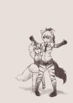  2girls aardwolf_(kemono_friends) aardwolf_ears aardwolf_tail animal_ears arms_up bangs bare_legs bare_shoulders bow bowtie breast_pocket dress elbow_gloves extra_ears eyebrows_visible_through_hair full_body gloves hair_between_eyes hand_on_another&#039;s_arm kemono_friends long_hair long_sleeves looking_at_another monochrome multicolored_hair multiple_girls necktie open_mouth outstretched_arms pantyhose pantyhose_under_shorts pocket ponytail pose print_gloves print_legwear print_shirt rumenia_(ao2is) shirt shoes short_dress short_hair short_shorts shorts sidelocks sleeveless sleeveless_shirt southern_tamandua_(kemono_friends) spread_arms standing standing_on_one_leg tail tamandua_tail two-tone_hair 