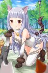  1girl :3 alternative_girls animal_ears arm_support bangs bare_shoulders bell bell_collar black_cat blunt_bangs blush breasts cat cat_ears cat_girl cat_tail cleavage collar collarbone day elbow_gloves fur-trimmed_gloves fur-trimmed_leotard fur_collar fur_trim gloves grey_gloves grey_hair grey_legwear highres hiiragi_tsumugi jingle_bell kneeling leotard long_hair looking_at_viewer official_art orange_eyes outdoors paw_pose small_breasts smile tail thigh-highs tongue tongue_out tree wavy_hair white_legwear white_leotard 