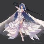  1girl ahoge arm_up armpits bangs bare_shoulders blue_eyes blue_hair breasts bridal_veil character_name commentary_request covered_navel dress dual_wielding elbow_gloves emerald eyebrows_visible_through_hair floating_hair floral_print flower full_body gem gloves grey_background gun_over_shoulder hair_between_eyes halterneck head_tilt highres holding holster leg_up light_smile long_dress long_hair looking_at_viewer maria_traydor medium_breasts outstretched_arm over_shoulder parted_lips pointing pointing_at_viewer pointing_weapon print_dress print_legwear rose rose_print solo standing standing_on_one_leg star_ocean star_ocean_anamnesis star_ocean_till_the_end_of_time thigh-highs thigh_holster ushas veil very_long_hair weapon weapon_over_shoulder wedding_dress white_flower white_footwear white_gloves white_legwear white_rose 