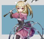 1girl axe blonde_hair blue_background bow corset cowboy_shot dress drill_hair fire_emblem fire_emblem:_kakusei grey_background hair_bow looking_at_viewer mariabel_(fire_emblem) open_mouth red_eyes short_hair simple_background solo tenrai two-tone_background 