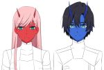  1boy 1girl bangs black_hair blue_eyes blue_horns blue_skin commentary couple darling_in_the_franxx english_commentary eyebrows_visible_through_hair green_eyes hetero highres hiro_(darling_in_the_franxx) horns k_016002 long_hair looking_at_viewer oni_horns pink_hair red_horns red_skin short_hair zero_two_(darling_in_the_franxx) 