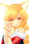  1girl animal_ears bare_shoulders blonde_hair blush fox_ears fox_tail futaba_akane gif heart japanese_clothes long_hair looking_at_viewer naomi_(sekai_no_hate_no_kissaten) open_mouth original paw_pose red_eyes smile solo tail 
