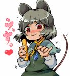 1girl :3 :d animal_ears blush capelet cheese eyebrows_visible_through_hair fingernails food furrowed_eyebrows grey_hair heart ifelt_(tamaki_zutama) jewelry long_sleeves motion_lines mouse_ears mouse_tail nazrin nose_blush open_mouth pendant red_eyes short_hair simple_background smile solo tail tail_raised touhou white_background 