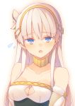  1girl :o anastasia_(fate/grand_order) bare_shoulders blue_eyes blush breasts cleavage cleavage_cutout collar collarbone commentary_request fate/grand_order fate_(series) hair_ribbon hairband hude-pen long_hair ribbon silver_hair small_breasts solo sweatdrop 