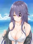  1girl alternate_hair_length alternate_hairstyle bare_shoulders beach bikini blue_sky breasts cleavage clouds collarbone commentary_request day eyepatch front-tie_top hair_between_eyes highres kantai_collection large_breasts lips long_hair looking_at_viewer midriff ocean outdoors purple_hair saku_(kudrove) sidelocks sky smile swimsuit tenryuu_(kantai_collection) upper_body water white_bikini yellow_eyes 