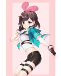  1girl a.i._channel absurdres bangs bike_shorts blue_eyes bow breasts brown_hair fingerless_gloves gloves hairband headphones highres kizuna_ai large_breasts looking_at_viewer midriff multicolored_hair navel pink_bow pink_hairband profile shirt short_hair sleeveless sleeveless_shirt smile solo streaked_hair swept_bangs thigh_strap tttanggvl two-tone_hair virtual_youtuber 