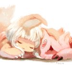  1other :3 bangs blunt_bangs claws closed_eyes commentary_request creature facing_viewer light_particles looking_at_viewer made_in_abyss manino_(mofuritaionaka) mitty_(made_in_abyss) nanachi_(made_in_abyss) red_eyes signature sleeping smile white_background white_hair 