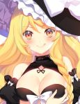  +_+ 1girl :&gt; adapted_costume bare_shoulders black_hat blonde_hair blush bow braid breast_grab breasts cleavage cleavage_cutout commentary_request detached_sleeves eyebrows_visible_through_hair eyelashes grabbing hat hat_bow kirisame_marisa large_breasts long_hair looking_at_viewer orange_eyes pov pov_hands puffy_short_sleeves puffy_sleeves roh_nam_kyung short_sleeves side_braid simple_background single_braid solo_focus tongue tongue_out touhou upper_body white_background white_bow witch_hat 