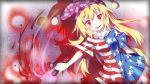  1girl american_flag_dress american_flag_legwear blonde_hair breasts chinese_commentary clownpiece commentary_request cowboy_shot dress eyebrows_visible_through_hair guozimiao hair_between_eyes hat highres holding holding_torch jester_cap long_hair looking_at_viewer neck_ruff open_mouth pantyhose polka_dot_hat purple_hat red_eyes shadow short_dress short_sleeves small_breasts smile solo star star_print striped striped_dress striped_legwear torch touhou very_long_hair 