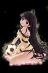  1girl amaranth_(soccer_spirits) ball bare_shoulders barefoot black_background black_eyes black_hair breasts cleavage full_body highres holding holding_ball long_hair looking_at_viewer official_art petals simple_background sitting small_breasts soccer_ball soccer_spirits solo very_long_hair 