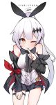  1girl blush character_name commentary cowboy_shot finger_to_mouth five-seven_(girls_frontline) girls_frontline hair_ornament hair_ribbon hairclip highres jacket leaning_forward long_hair looking_at_viewer off_shoulder one_eye_closed orange_eyes ponytail ribbon signature simple_background smile solo thigh_strap tosyeo white_background white_hair 