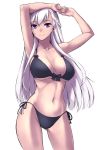  1girl alternate_costume armpits arms_up azur_lane bangs belfast_(azur_lane) bikini black_bikini blue_eyes blush bow_bikini braid breasts cleavage closed_mouth collarbone cowboy_shot din_(raiden) eyebrows_visible_through_hair french_braid gluteal_fold groin large_breasts long_hair looking_at_viewer navel side-tie_bikini silver_hair simple_background smile solo stomach swimsuit thighs toned white_background 