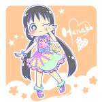  +_+ 1girl :3 asobi_asobase bangs black_eyes black_hair blush boots bow bowtie chibi dress eyebrows_visible_through_hair flower frilled_dress frilled_sleeves frills full_body hand_on_own_face heart honda_hanako karin_(100100) long_hair low_twintails one_eye_closed outstretched_arms ribbon shiny shiny_hair simple_background solo star twintails unicorn unicorn_print very_long_hair 