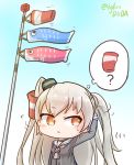  1girl amatsukaze_(kantai_collection) arm_up asimo953 bangs black_dress blue_sky blush breasts brown_eyes chibi commentary_request day dress eyebrows_visible_through_hair grey_neckwear hair_tubes hair_tubes_removed headgear highres kantai_collection koinobori long_hair long_sleeves looking_to_the_side motion_lines neckerchief open_mouth outdoors raised_eyebrow sailor_collar sailor_dress short_eyebrows silver_hair sky sleeve_cuffs small_breasts solo sweatdrop thought_bubble twitter_username two_side_up upper_body white_sailor_collar wind wind_lift 
