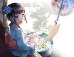  1girl :d back_bow bangs barefoot blue_flower blue_kimono blurry blurry_foreground blush bow brown_hair commentary_request day depth_of_field eyebrows_visible_through_hair fingernails floral_print flower hair_bun hair_flower hair_ornament highres hydrangea ice ice_cube japanese_clothes kimono matsuzaki_miyuki nape obi open_mouth original outdoors print_kimono red_bow rubber_duck sash short_sleeves side_bun sidelocks sitting smile soaking_feet solo upper_teeth violet_eyes water wide_sleeves wind_chime yukata 
