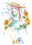 1girl anchor bangs bare_arms bare_shoulders blue_eyes blue_ribbon blush breasts brown_footwear closed_mouth collarbone commentary dress eyebrows_visible_through_hair flower food full_body green_dress hat hat_ribbon head_tilt highres holding ice ice_cube long_hair looking_at_viewer original popsicle ramune ribbon sandals sitting sleeveless sleeveless_dress smile solo straw_hat sunflower symbol_commentary tsukiyo_(skymint) very_long_hair white_background wind_chime yellow_flower 
