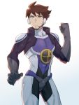  1boy backlighting bodysuit brown_hair clenched_hand contrapposto facial_hair gradient gradient_background hayasugi_hokuto headset male_focus pilot_suit ponzu_(beetle_burner) shinkansen_henkei_robo_shinkalion simple_background solo spiky_hair stubble sweatdrop white_background 