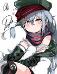  1girl blush commentary g11_(girls_frontline) girls_frontline grey_hair hat heart highres jacket long_hair long_sleeves orange_eyes parted_lips pillow pillow_hug simple_background solo tosyeo white_background 