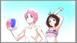  1boy 1girl antenna_hair ball beachball bikini blue_eyes blue_sky border brown_hair frilled_bikini frills grey_border hidaka_ai idolmaster idolmaster_dearly_stars idolmaster_side-m kabuto_daigo luncheon_meat_umai open_mouth pink_eyes pink_hair short_hair sky stretch swimsuit upper_body 