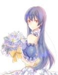  bangs bare_shoulders blue_hair blush bouquet commentary_request earrings flower from_side hair_between_eyes holding holding_bouquet jewelry long_hair looking_at_viewer love_live! love_live!_school_idol_festival love_live!_school_idol_project simple_background sonoda_umi uro_(m369) white_background yellow_eyes 
