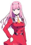  1girl blue_eyes darling_in_the_franxx dress floating_hair hairband highres horns long_hair looking_at_viewer necktie pastachiiiiin pink_hair red_dress shiny shiny_hair short_necktie simple_background smile solo standing uniform white_background white_hairband yellow_neckwear zero_two_(darling_in_the_franxx) 