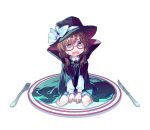  1girl bow brown_eyes brown_hair cape collared_shirt fork glasses hat hat_ribbon knife low_twintails on_plate open_mouth plate red-framed_eyewear ribbon semi-rimless_eyewear shirt skirt sweatdrop touhou twintails under-rim_eyewear usami_sumireko white_background white_bow zounose 