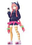  1girl animal_ears animal_hood bangs bike_shorts black_hoodie black_shorts blue_eyes blush boots cat_ears cat_hood cellphone eyebrows_visible_through_hair full_body hair_between_eyes hair_bobbles hair_ornament hand_in_pocket hand_up highres hinata_channel holding holding_cellphone holding_phone hood hood_up hoodie jd_(bibirijd) long_hair long_sleeves low_twintails mismatched_legwear nekomiya_hinata orange_legwear parted_lips phone pink_skirt pleated_skirt puffy_long_sleeves puffy_sleeves redhead short_shorts shorts simple_background skirt sleeves_past_wrists solo standing striped striped_legwear thigh-highs twintails very_long_hair virtual_youtuber white_background white_footwear 