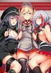  3girls admiral_graf_spee_(azur_lane) admiral_hipper_(azur_lane) ahoge azur_lane bangs black_dress black_hair black_hat black_legwear blonde_hair blue_eyes blunt_bangs blush breasts choker cleavage collarbone commentary_request cowboy_shot deutschland_(azur_lane) dress eyebrows_visible_through_hair gloves goggles goggles_on_headwear green_eyes hair_between_eyes hands_up hat headgear highres iron_cross long_hair long_sleeves looking_at_viewer mole multicolored_hair multiple_girls necktie o-ring open_mouth panties red_neckwear red_scarf redhead scarf short_hair short_sleeves sidelocks silver_hair skindentation skirt small_breasts smile streaked_hair thigh-highs thigh_strap tobimura two_side_up under_boob underwear v very_long_hair w white_panties 