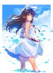  1girl black_hair black_ribbon blake_belladonna bow dress hair_bow highres iesupa long_hair ribbon rwby solo translucent_dress water white_ribbon yellow_eyes 