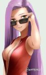  1girl adjusting_eyewear asymmetrical_bangs bangs blue_background blunt_bangs breasts cleavage fire_emblem fire_emblem_echoes:_mou_hitori_no_eiyuuou highres lips long_hair medium_breasts open_clothes open_shirt parted_bangs purple_hair simple_background sketchy solo sonia_(fire_emblem_gaiden) sunglasses twitter_username upper_body yellow_eyes 