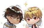  2boys ahoge brown_hair cape chibi circlet earrings fate/grand_order fate_(series) gilgamesh gilgamesh_(caster)_(fate) hair_between_eyes hand_up idk-kun jacket jewelry looking_at_viewer male_focus multiple_boys ozymandias_(fate) red_eyes simple_background slit_pupils smile sparkle v white_background yellow_eyes 