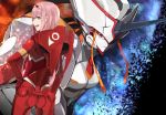  1girl :d ass bodysuit darling_in_the_franxx eyebrows_visible_through_hair floating_hair green_eyes hairband hand_on_hip horns long_hair looking_at_viewer looking_back mecha open_mouth pilot_suit pink_hair red_bodysuit red_eyes smile solo strelizia white_hairband zero_two_(darling_in_the_franxx) 
