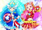  2girls :d avengers blue_eyes blue_hair blush captain_america captain_america_(cosplay) commentary cosplay cowboy_shot cure_ange cure_yell dress earrings elbow_gloves fingerless_gloves gloves glowing hair_ornament hair_ribbon head_wings heart hugtto!_precure iron_man iron_man_(cosplay) jewelry lipstick long_hair looking_at_viewer magical_girl makeup marvel midriff multiple_girls navel nono_hana open_mouth parody pink_eyes pink_hair pom_poms precure ribbon shield shiny shiny_clothes shiny_hair shiny_skin skirt smile sparkle star superhero ueyama_michirou very_long_hair weapon wrist_cuffs yakushiji_saaya 