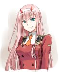  1girl blue_eyes darling_in_the_franxx hairband highres horns long_hair looking_at_viewer necktie orange_neckwear pink_hair short_necktie smile solo umetofu uniform upper_body very_long_hair white_background white_hairband zero_two_(darling_in_the_franxx) 