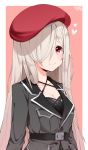  1girl beret blonde_hair blush breast_pocket breasts character_name cleavage commentary g36c_(girls_frontline) girls_frontline hair_over_one_eye hat highres long_hair long_sleeves looking_at_viewer pocket red_eyes smile solo tosyeo upper_body 