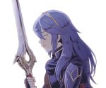  1girl armor blue_hair cape closed_eyes crying falchion_(fire_emblem) fingerless_gloves fire_emblem fire_emblem:_kakusei gloves intelligent_systems long_hair lucina nintendo sad sayoyonsayoyo simple_background solo sword tears tiara weapon white_background 