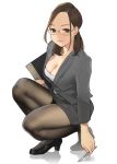  1girl black_legwear breasts brown_eyes brown_hair business_suit cleavage earrings formal high_heels highres jewelry long_hair looking_at_viewer mechanical_pencil original pantyhose pencil skirt smile solo squatting suit yomu_(sgt_epper) 