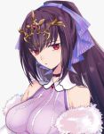  1girl akym bare_shoulders breasts choker dress fate/grand_order fate_(series) fur_trim headpiece highres large_breasts long_hair looking_at_viewer purple_hair red_eyes scathach_skadi_(fate/grand_order) solo tiara upper_body white_background 