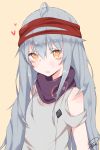  1girl ahoge blush commentary g11_(girls_frontline) girls_frontline grey_hair headband highres long_hair looking_at_viewer orange_eyes parted_lips signature simple_background solo tosyeo 